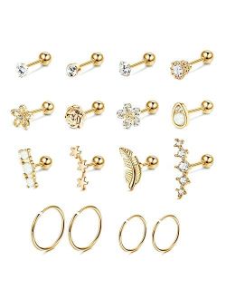 SAILIMUE 16Pcs 16G Cartilage Earrings Studs for Women Surgical Stainless Steel Helix Tragus Couch Hoop Piercing Earrings Set Opal Shiny CZ Cartilage Earrings Silver/Gold/