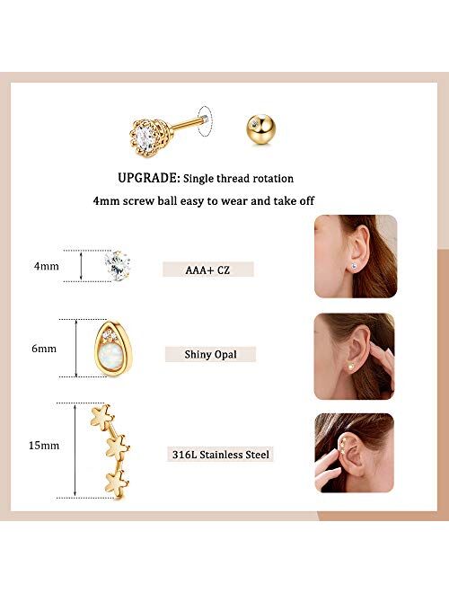 SAILIMUE 16Pcs 16G Cartilage Earrings Studs for Women Surgical Stainless Steel Helix Tragus Couch Hoop Piercing Earrings Set Opal Shiny CZ Cartilage Earrings Silver/Gold/