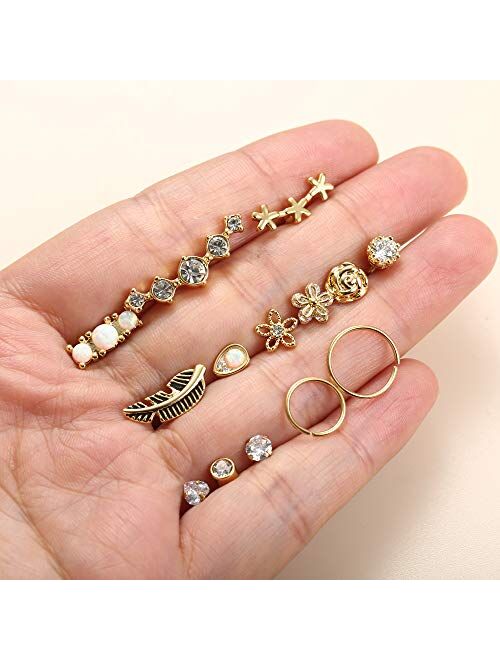 SAILIMUE 16Pcs 16G Cartilage Earrings Studs for Women Surgical Stainless Steel Helix Tragus Couch Hoop Piercing Earrings Set Opal Shiny CZ Cartilage Earrings Silver/Gold/