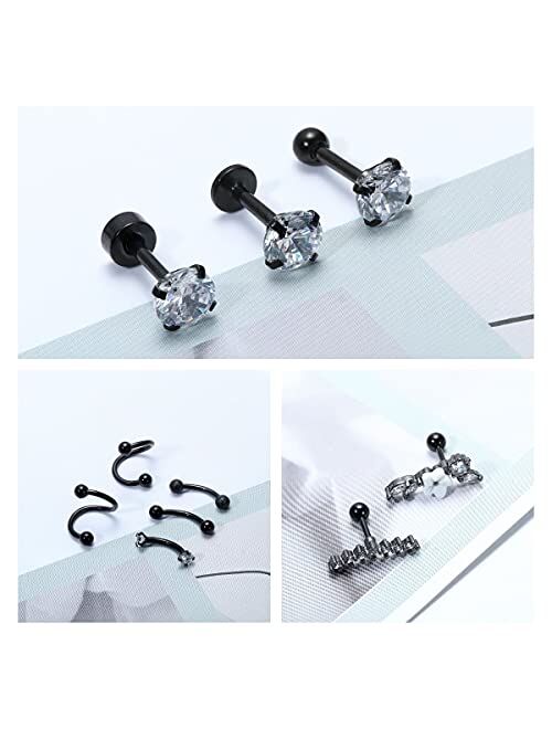 Ubjuliwa 27Pcs 16G Cartilage Earrings Stud Hoop for Women Stainless Steel Helix Piercing Tragus Earrings Forward Conch Piercing Jewelry