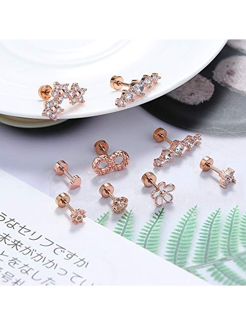 Thunaraz 9Pcs 16G 316LStainless Steel Cartilage Stud Earring For Women Men Flatback CZ Stud Earring Helix Tragus Earrings Piercing Jewelry