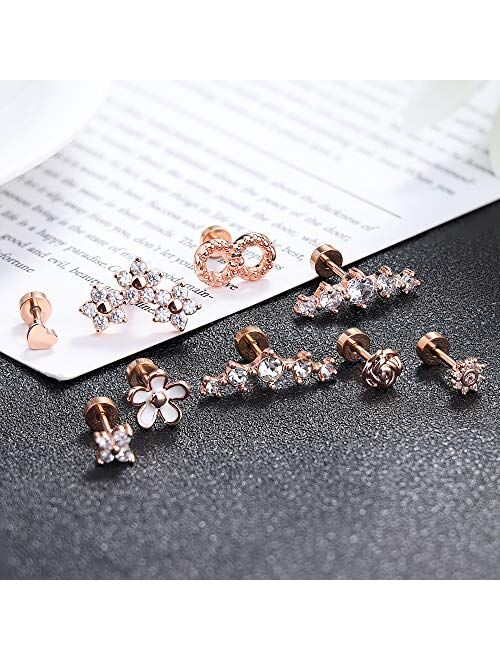 Thunaraz 9Pcs 16G 316LStainless Steel Cartilage Stud Earring For Women Men Flatback CZ Stud Earring Helix Tragus Earrings Piercing Jewelry