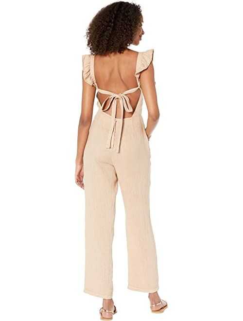 BLANKNYC Linen Jumpsuit with Ruffle Strap Detail in Going Steady