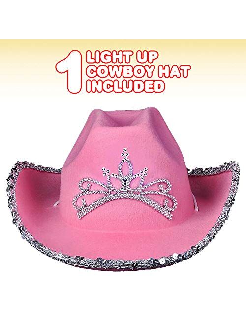 ArtCreativity Light-Up Pink Cowboy Hat for Girls - Sparkly Cowgirl Hat with Sequins and a Dazzling LED Tiara - Cute Cowgirl Birthday Party Hat for Girls - Fun Shiny Cowgi