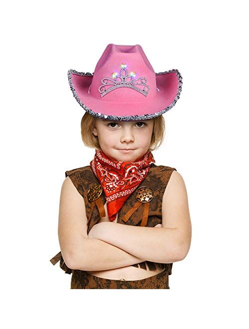 ArtCreativity Light-Up Pink Cowboy Hat for Girls - Sparkly Cowgirl Hat with Sequins and a Dazzling LED Tiara - Cute Cowgirl Birthday Party Hat for Girls - Fun Shiny Cowgi