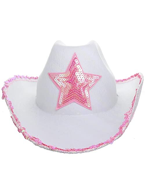 GIFTEXPRESS White Felt Cowgirl Hat with Pink Sequin Star, Country Themed Party Cowboy Dressup Play Costume Hat