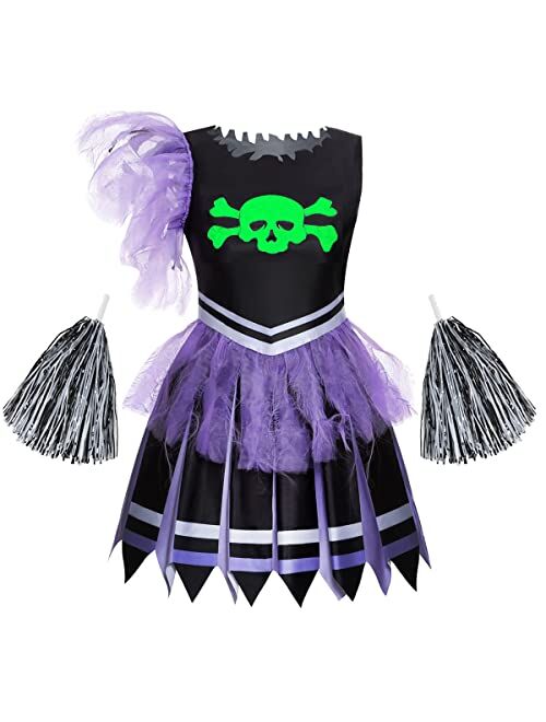 Colorful House Zombie Cheerleader Costume Halloween,Skeleton Glow in The Dark, Bad Spirit Fearleader Cosplay Costume Pom-Pom for Girls