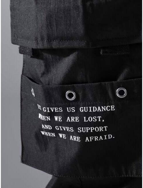 Shein Men Slogan Graphic Grommet Detail Flap Pocket Drawstring CargoPants