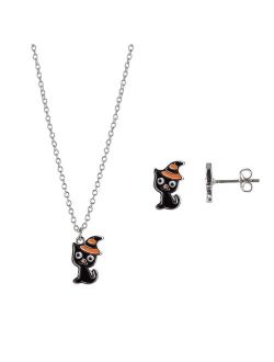 FAO Schwarz Black Cat & Witch's Hat Halloween Necklace & Earring Set