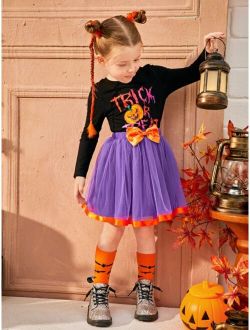 Toddler Girls Halloween Print Tee Bow Front Mesh Skirt