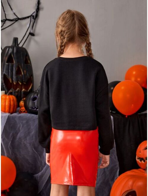 SHEIN Girls Halloween Print Drop Shoulder Pullover & Skirt