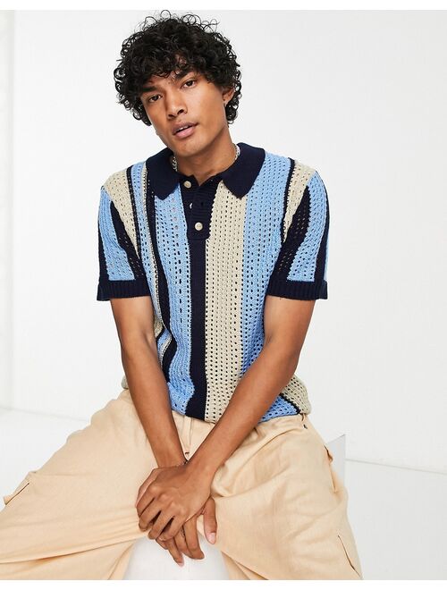 COLLUSION knitted crochet polo shirt in blue stripe