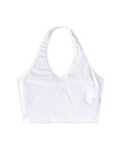 Women's Basic Sleeveless Open Back Slim Fitted Ribbed Crop Halter Top