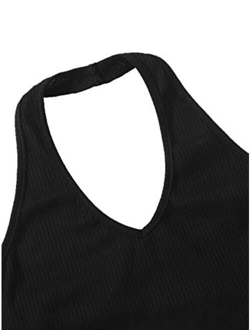 Verdusa Women's Basic Sleeveless Open Back Slim Fitted Ribbed Crop Halter Top