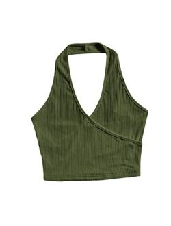 Women's Casual Sleeveless Halter Top Rib Knit Solid Tanks Shirt