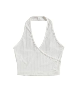 Women's Casual Sleeveless Halter Top Rib Knit Solid Tanks Shirt