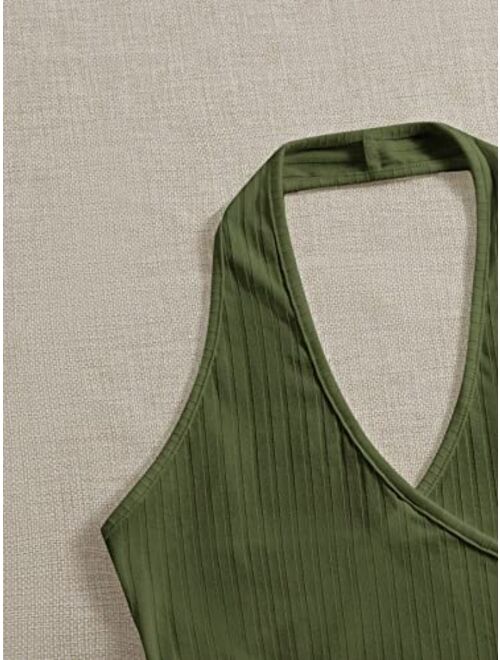 SheIn Women's Casual Sleeveless Halter Top Rib Knit Solid Tanks Shirt