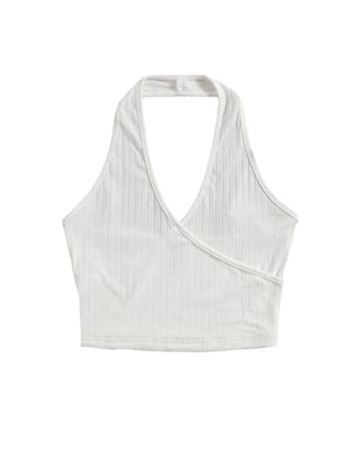 SheIn Women's Casual Sleeveless Halter Top Rib Knit Solid Tanks Shirt