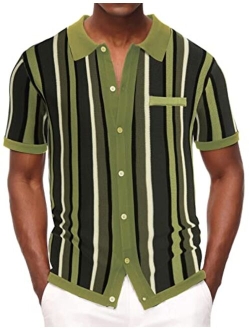 Mens Short Sleeve Knit Shirt Vintage Stripe Lapel Collar Polo Shirt