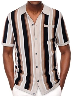 Mens Short Sleeve Knit Shirt Vintage Stripe Lapel Collar Polo Shirt