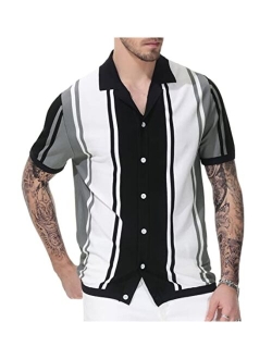 Men's Stripe Button Down Knit Polo Shirts Short Sleeve Vintage Cardigans