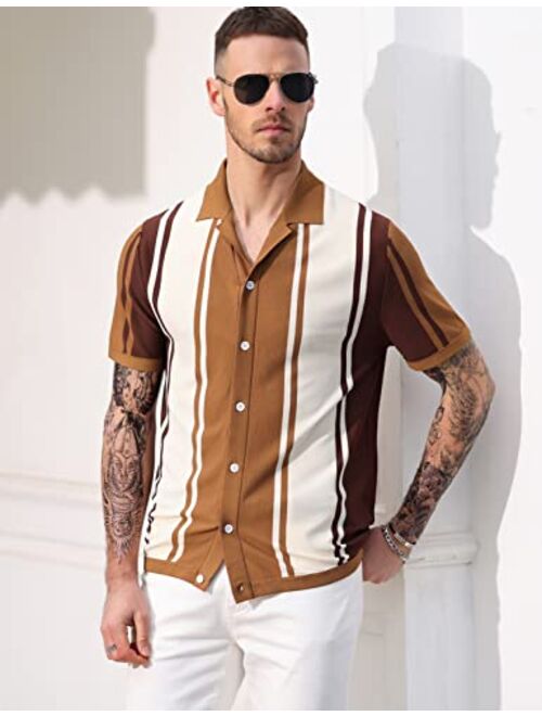 PJ PAUL JONES Men's Stripe Button Down Knit Polo Shirts Short Sleeve Vintage Cardigans