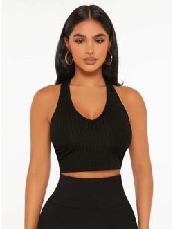 PETITE Ribbed Knit Backless Crop Tank Top