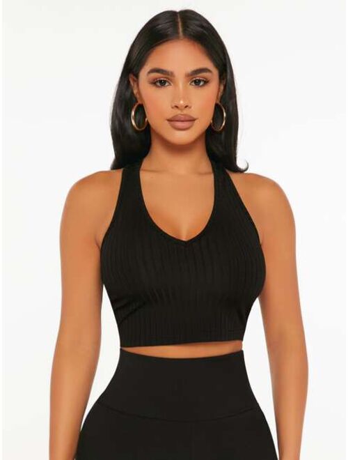 SHEIN PETITE Ribbed Knit Backless Crop Tank Top