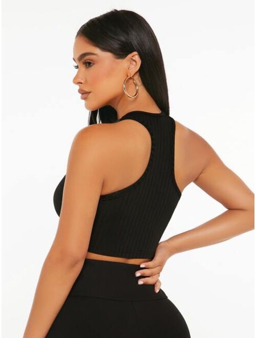 SHEIN PETITE Ribbed Knit Backless Crop Tank Top
