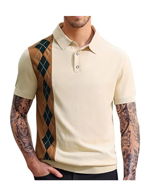 PJ PAUL JONES Men's Short Sleeve Argyle Knit Shirts Retro Pullover Polo Shirts