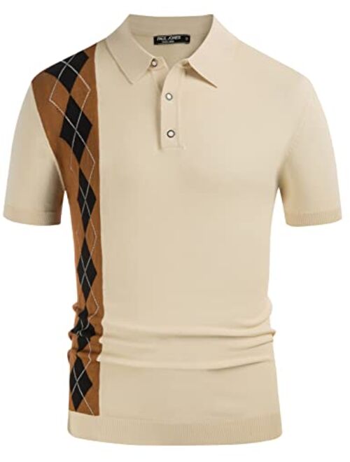 PJ PAUL JONES Men's Short Sleeve Argyle Knit Shirts Retro Pullover Polo Shirts