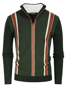 Mens Stripes Knitted Turtleneck Zip Stand Collar Pullover Sweater