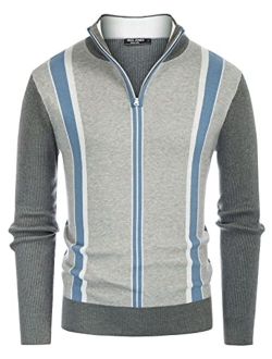 Mens Stripes Knitted Turtleneck Zip Stand Collar Pullover Sweater