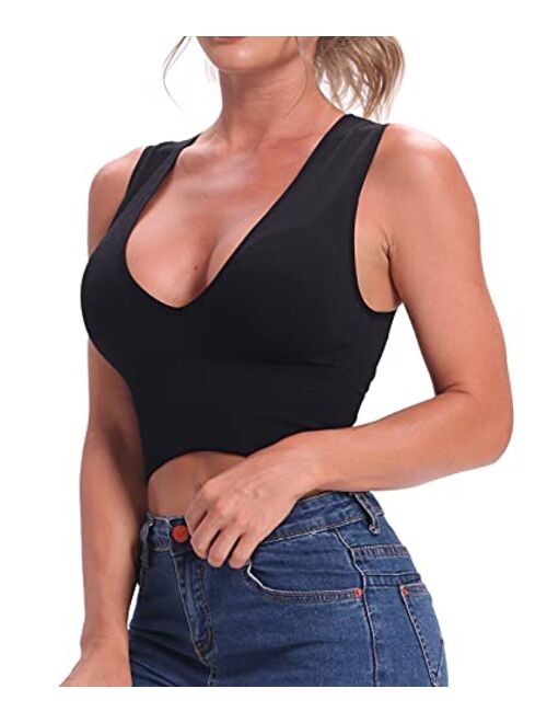 Venbond Women's Sexy Sleeveless Seamless Crop Top Deep Plunge V Neck Ribbed Tank Top with Removable Pads