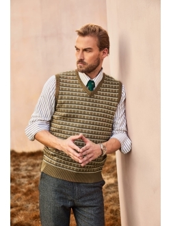 Men's Sweater Vest V-Neck Sleeveless Vintage Check Pattern Contrast Pullover Vest