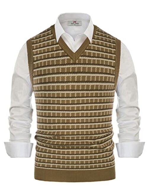 PJ PAUL JONES Men's Sweater Vest V-Neck Sleeveless Vintage Check Pattern Contrast Pullover Vest