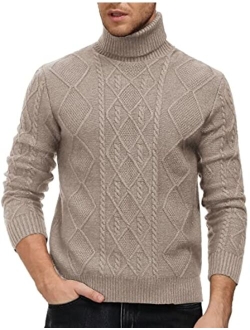 Men's Vintage Turtleneck Sweater Slim Fit Cable Knit Fisherman Sweater
