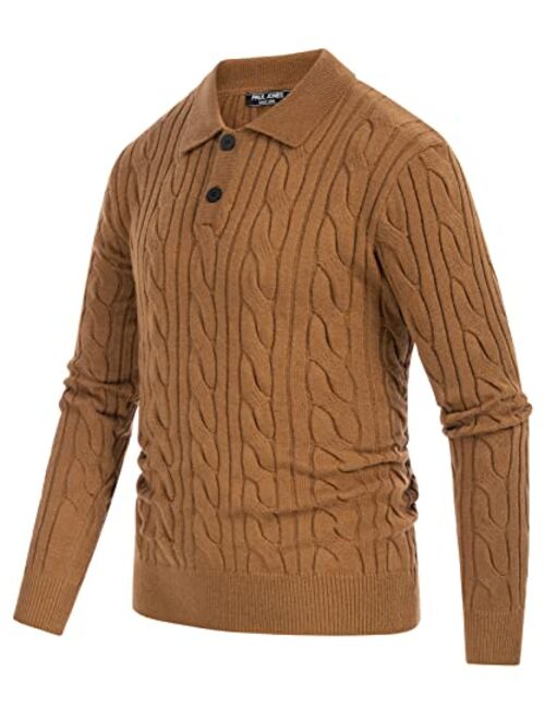 PJ PAUL JONES Men's Cable Knit Lapel Sweater Long Sleeve Polo Neck Pullover Sweaters