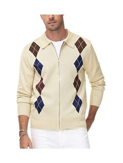 Men's Vintage Argyle Sweater Long Sleeve Zip Up Sweater Cardigan