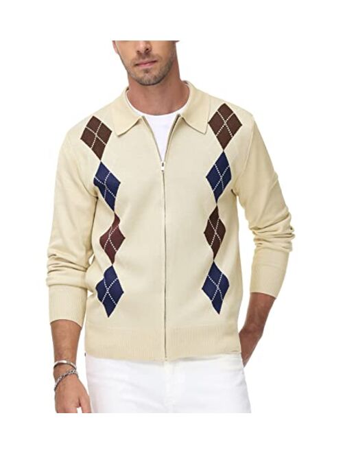 PJ PAUL JONES Men's Vintage Argyle Sweater Long Sleeve Zip Up Sweater Cardigan