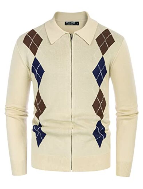 PJ PAUL JONES Men's Vintage Argyle Sweater Long Sleeve Zip Up Sweater Cardigan