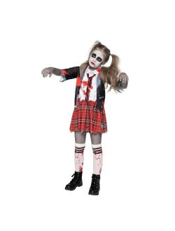 Zombie Schoolgirl Costume, Girl Bloody Zombie Costume for Kids,Halloween, School, Event Party Dress Up-L
