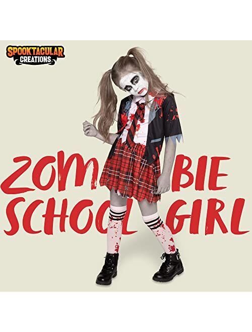 Spooktacular Creations Zombie Schoolgirl Costume, Girl Bloody Zombie Costume for Kids,Halloween, School, Event Party Dress Up-L