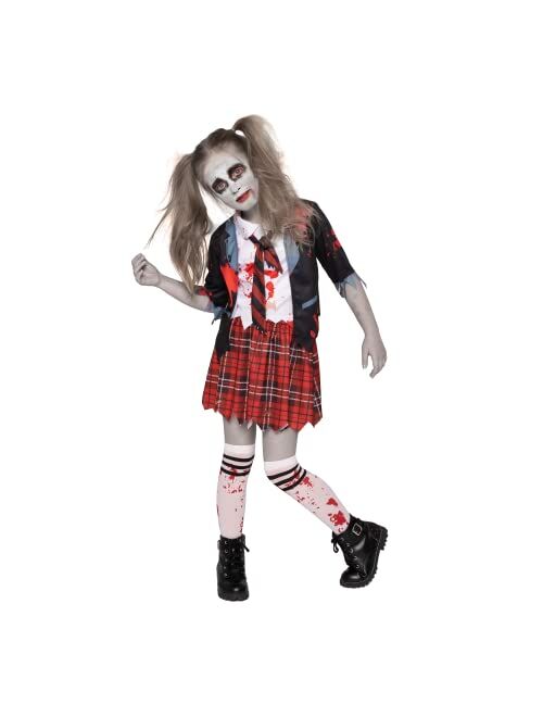 Spooktacular Creations Zombie Schoolgirl Costume, Girl Bloody Zombie Costume for Kids,Halloween, School, Event Party Dress Up-L