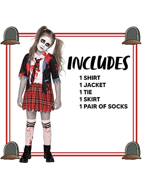 Spooktacular Creations Zombie Schoolgirl Costume, Girl Bloody Zombie Costume for Kids,Halloween, School, Event Party Dress Up-L