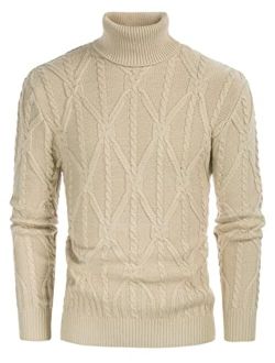 Mens Slim Fit Turtleneck Sweater Twisted Cable Knit Thermal Pullover Sweaters