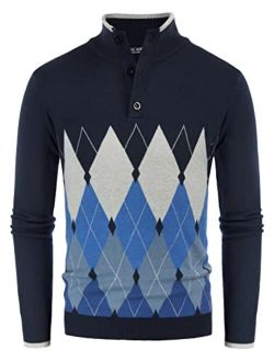 Men's Quarter Button Argyle Knitted Pullover Stand Collar Pullover Sweater