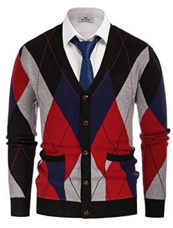 Mens V Neck Argyle Cardigan Sweater Contrast Knitwear with Pockets