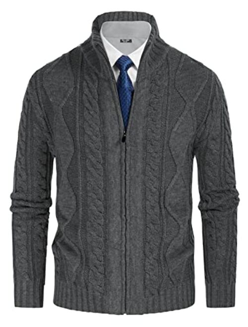 PJ PAUL JONES Men's Cardigan Sweaters Stand Collar Cable Twisted Knitted Full Zip Up Sweater