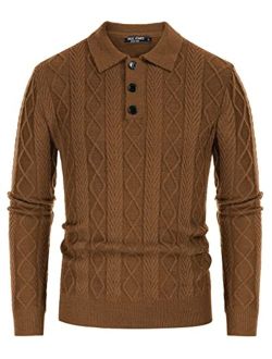 Mens Cable Knit Twisted Pullover Sweater Casual Polo Neck Slim Fit Sweaters with Button